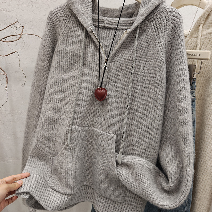连帽半拉链宽松加厚针织衫毛衣女
