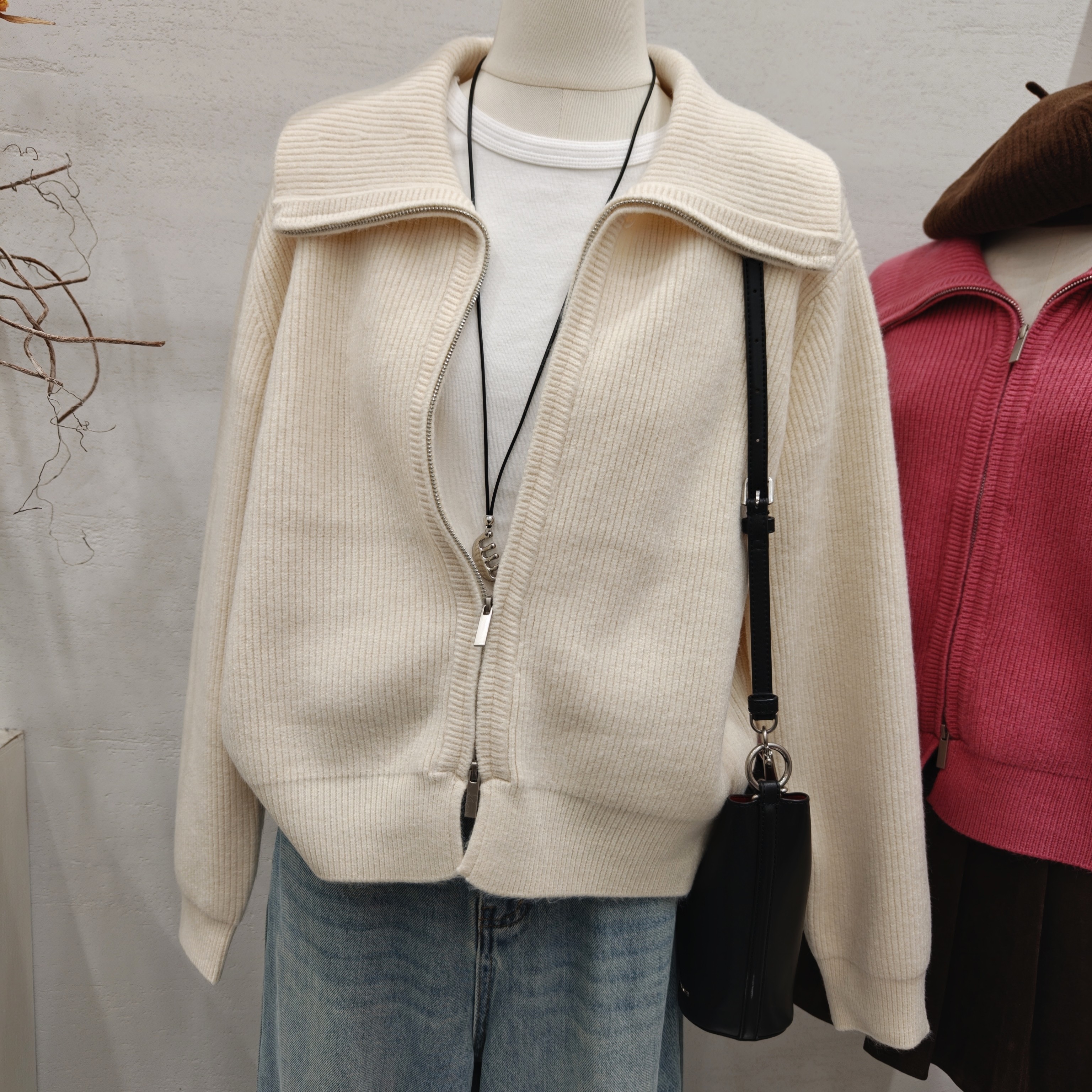 高端时尚翻领双拉链针织开衫女