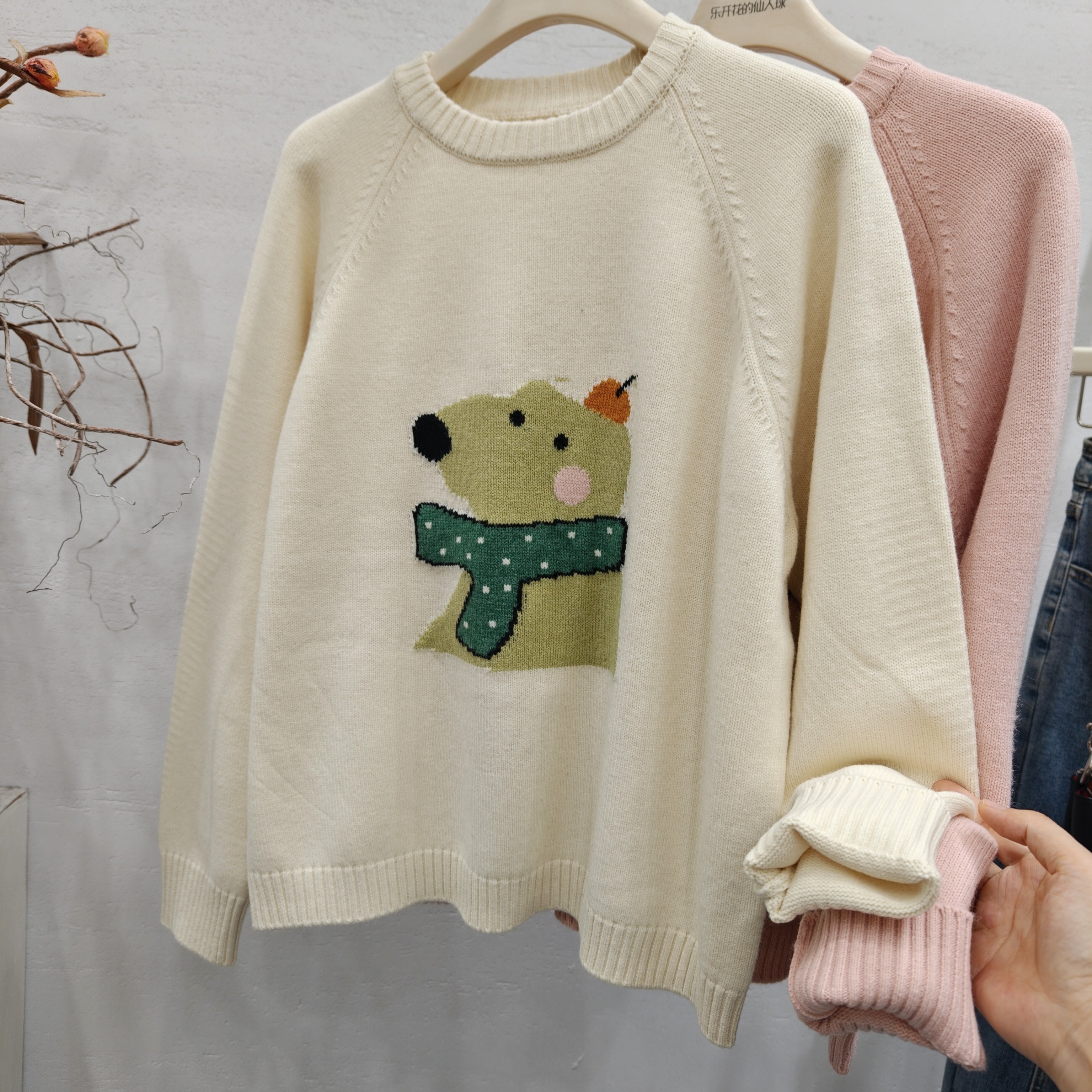 韩系小众卡通小狗提花宽松圆领针织衫毛衣女2025秋冬季长袖上衣潮