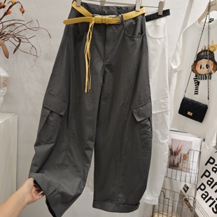 爆好看!时髦撞色腰带宽松弯刀裤阔腿裤女2025夏休闲长裤工装裤潮
