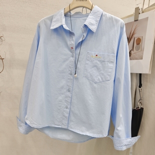 韩系刺绣字母口袋宽松纯棉衬衫女长袖2026春小个子超好看衬衣上衣