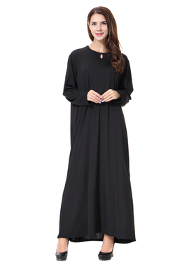 新款阿拉伯女士长袍连衣裙少数民族纯色宽松长袖中东裙子圆领休闲