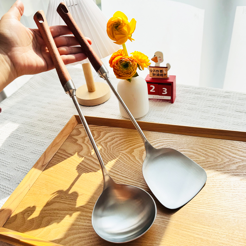 sus304不锈钢锅铲家用炒菜铲子厨具套装梨花木柄炒勺汤勺家用菜铲