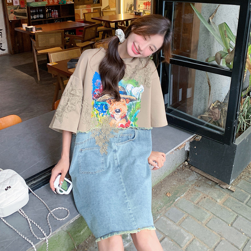 小众设计牛仔拼接连衣裙女夏季2025新款个性印花宽松假两件T恤裙,女装连衣裙,2C201