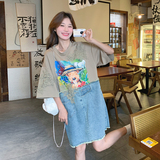 小众设计牛仔拼接连衣裙女夏季2025新款个性印花宽松假两件T恤裙，女装连衣裙，2C201