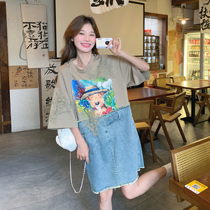 小众设计牛仔拼接连衣裙女夏季2025新款个性印花宽松假两件T恤裙图片