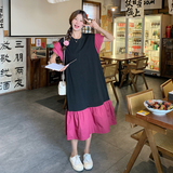 法式休闲气质设计感撞色连衣裙夏季中长款玫红色显瘦女T恤鱼尾裙，女装连衣裙，2C201