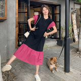 法式休闲气质设计感撞色连衣裙夏季中长款玫红色显瘦女T恤鱼尾裙，女装连衣裙，2C201
