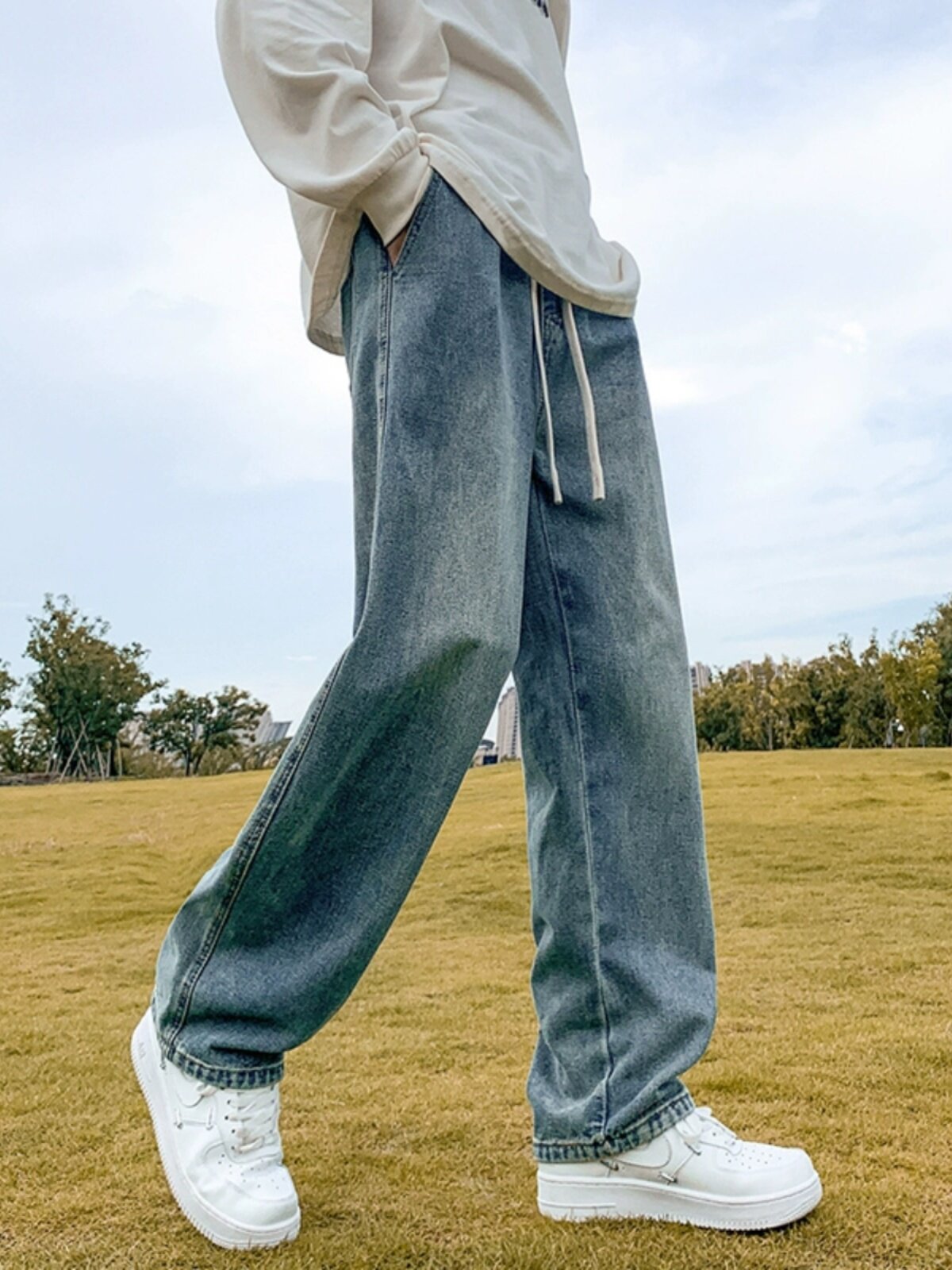 청바지 남성용 새 루즈한 바지 가을 겨울 플러스 벨벳 캐주얼 하이 스트리트 미국 소년 스트레이트 팬츠 두꺼운 바지