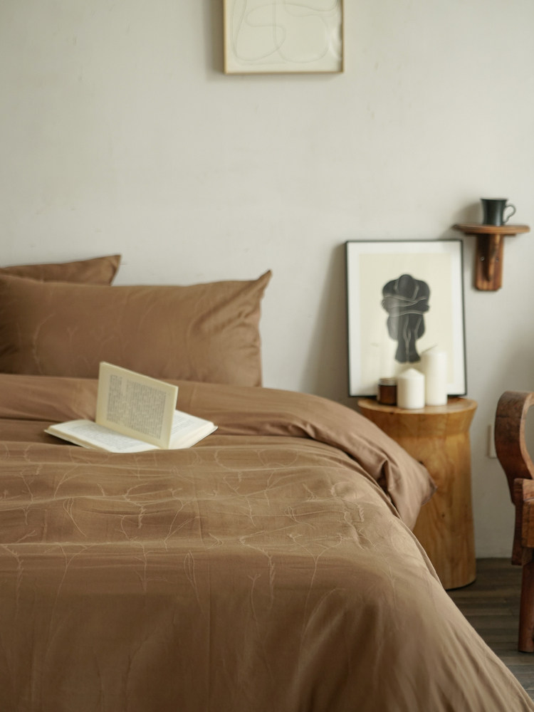 云缇棕色麦穗提花水洗长绒棉四件套纯棉全棉手感软糯四季床上用品