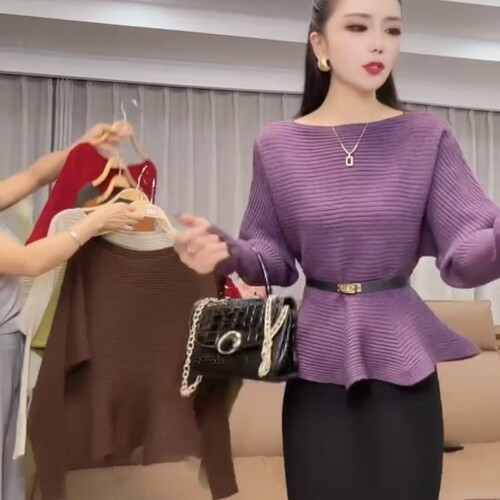 收腰荷叶边咖色毛衣女冬季针织衫