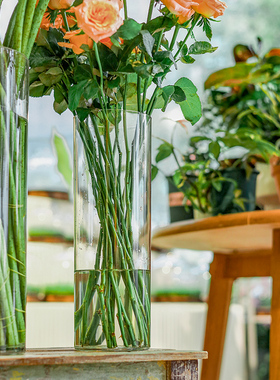 透明直筒花瓶防摔PC压克力简约直桶圆形塑料插花瓶醒花桶花店资材