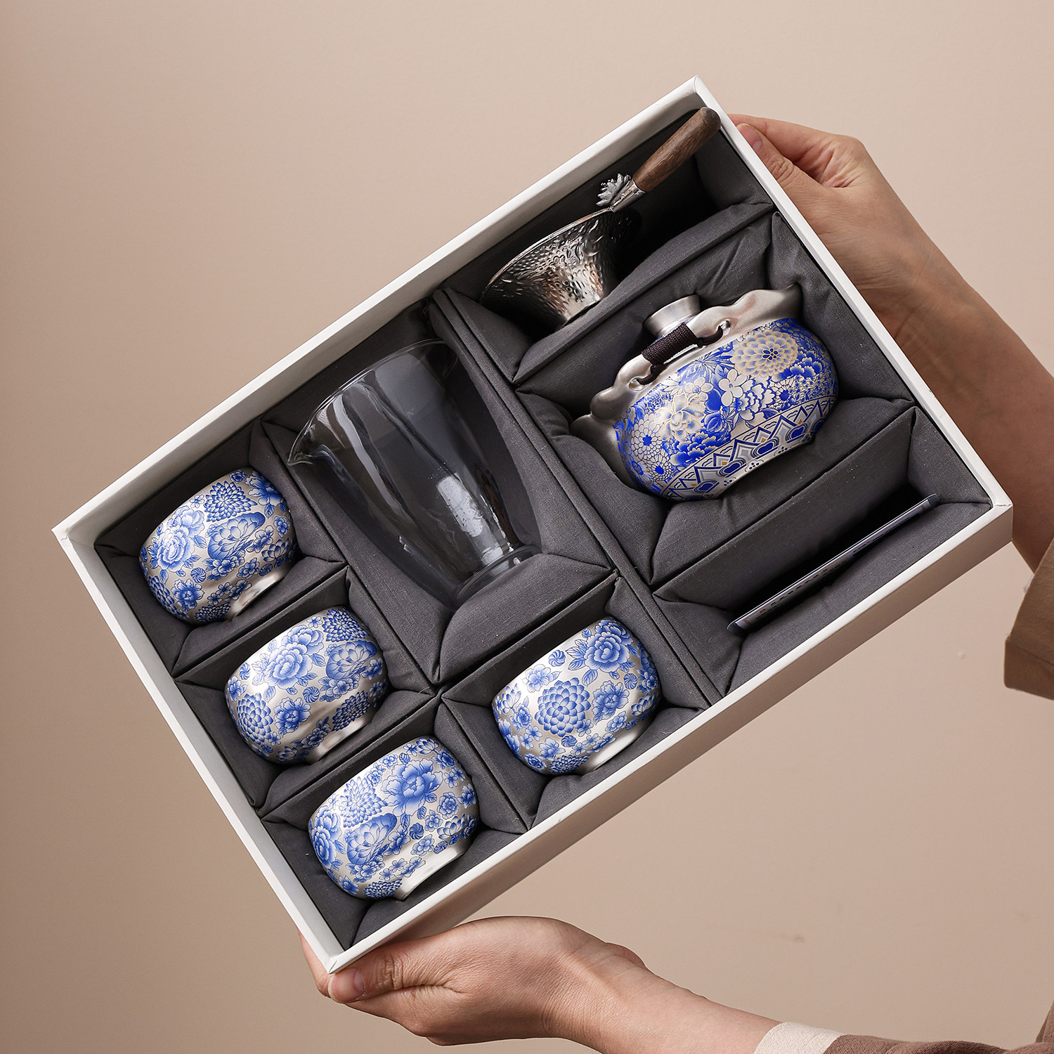 鎏银青花茶具套组茶壶茶杯高档送长辈领导老师乔迁实用型商务礼物