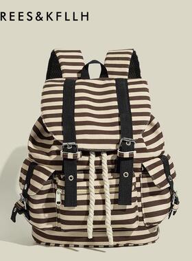 【全球购】REES&KFLLH韩系条纹双肩包2026新款Newjeans同款抽绳登