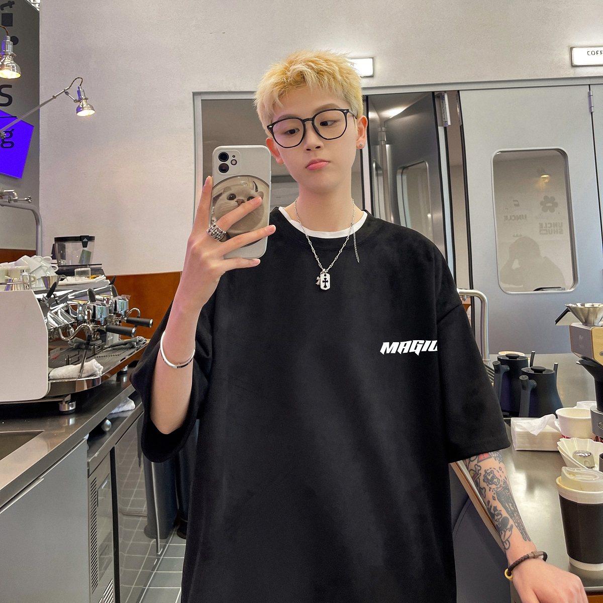 24ss夏季宽松短袖男麂皮绒休闲T恤B213-8134-P25控39,男装T恤,星座617A-4
