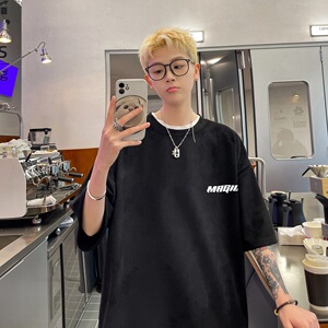24ss夏季宽松短袖男麂皮绒休闲T恤B213-8134-P25控39,男迷彩哈伦裤搭配什么外套图片