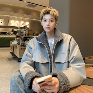 2024冬季加绒加厚PU皮撞色羊羔毛保暖棉衣男B213-8098-P128控158图片