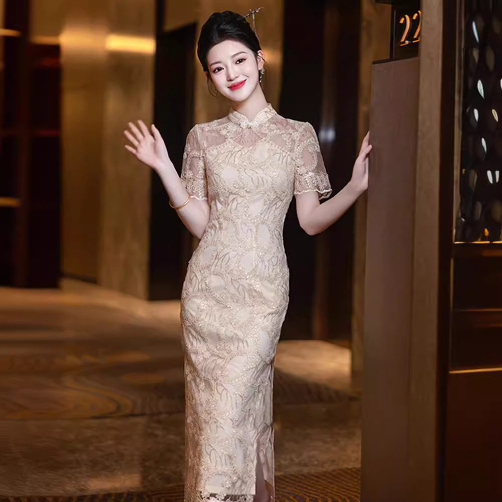 2026新款新中式订婚礼服香槟色蕾丝旗袍改良晨袍连衣裙平时可穿女