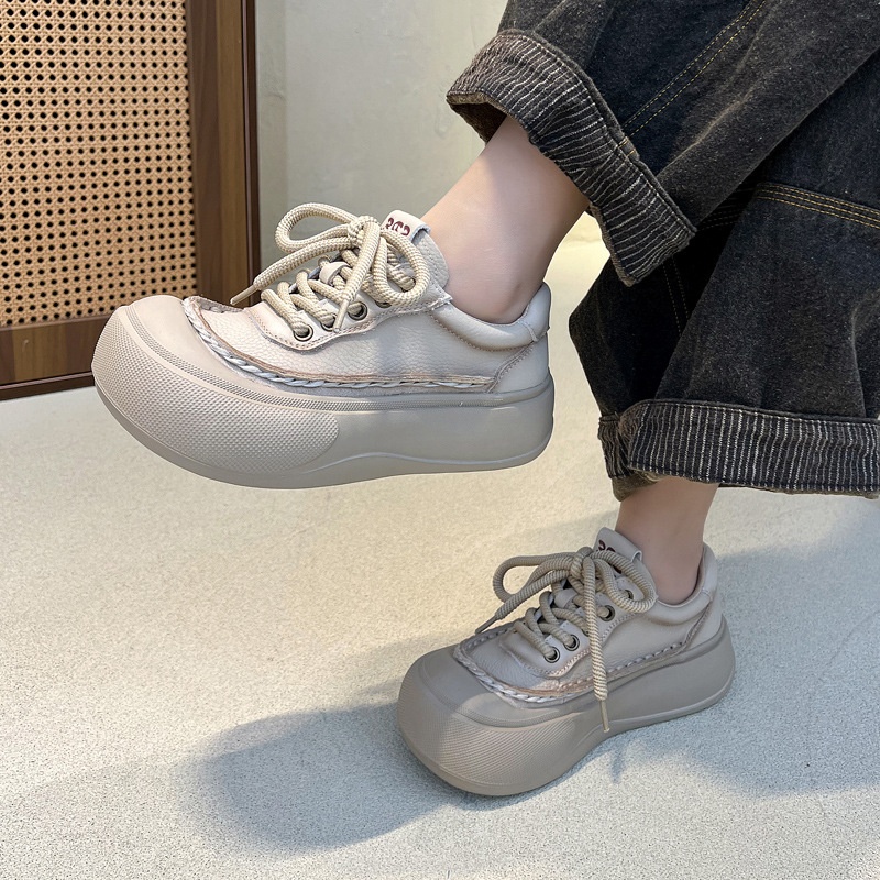 2025新款手工缝线复古休闲真皮女鞋娃娃头圆头厚底单鞋牛皮四