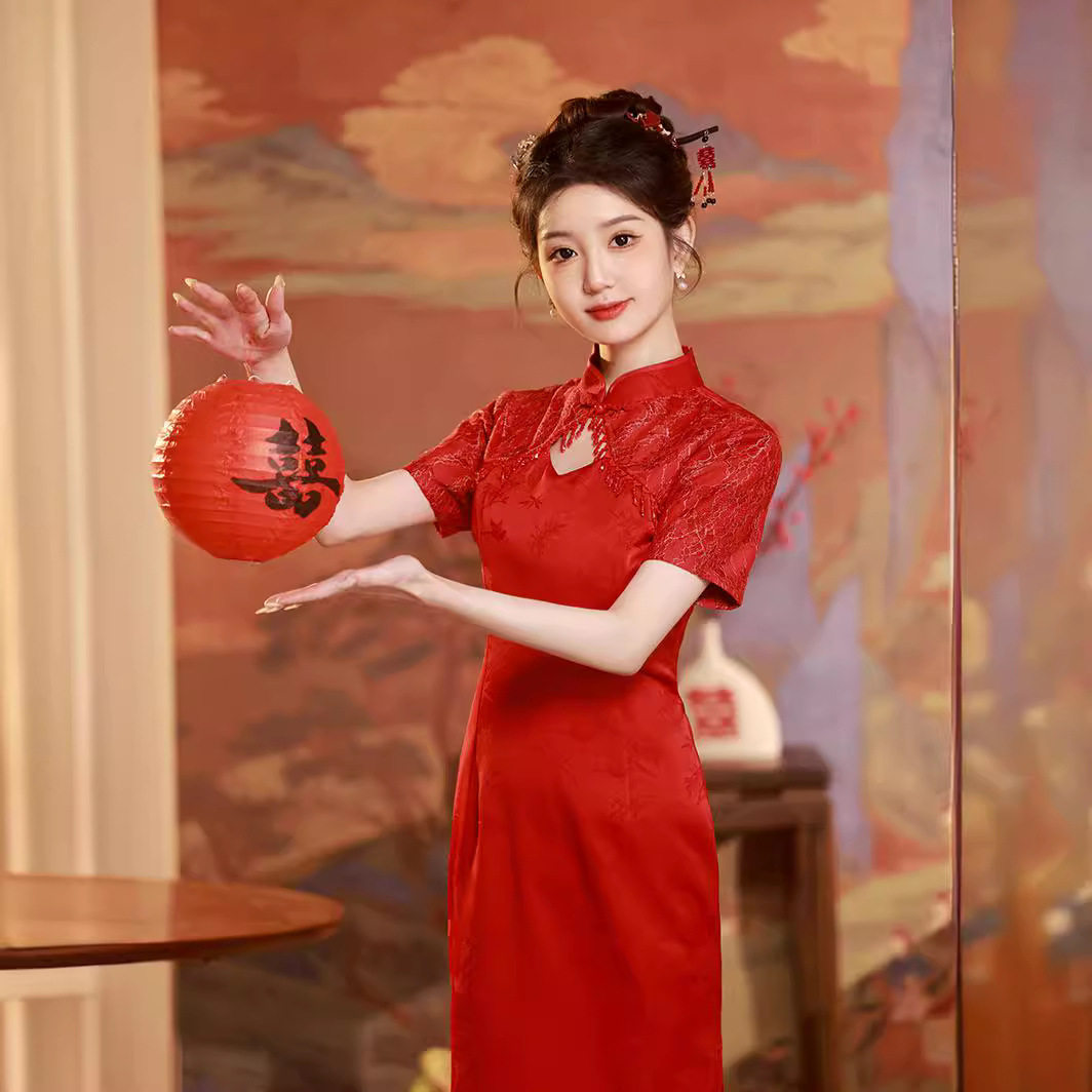 2026新款红色旗袍中式订婚礼服裙新娘结婚敬酒服感复古短袖连