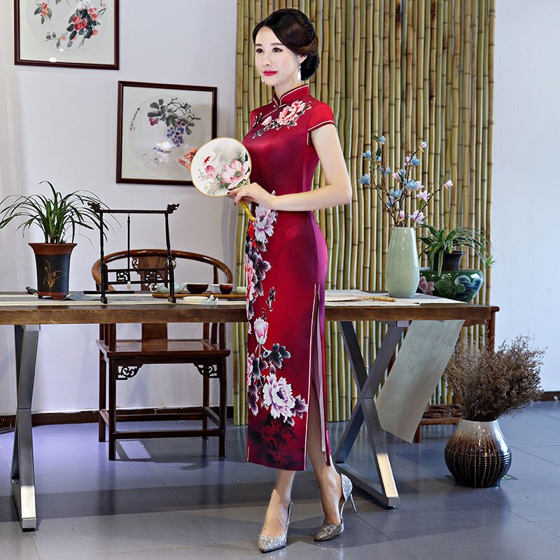 2025新款定位花双层长款旗袍女中式复古舞台走秀演出服装一件