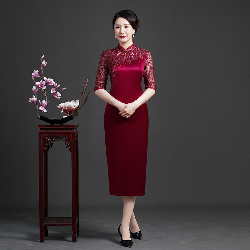 2026新款喜婆婆醋酸缎中长款连衣裙年轻妈妈婚宴礼服修身旗袍