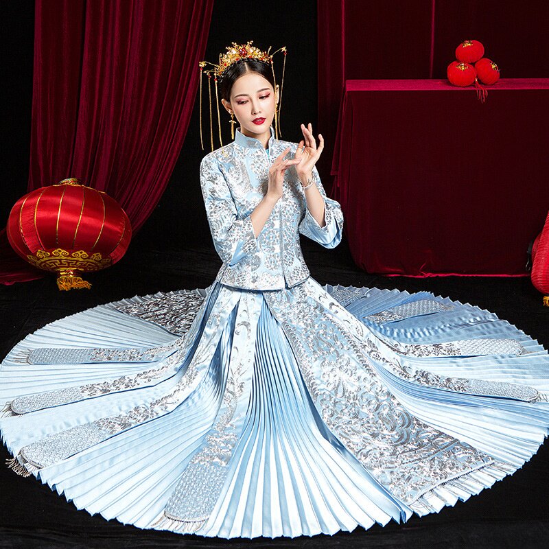 2025新款蓝色秀禾服新娘中式婚纱结婚礼服龙凤褂出阁服秀和服