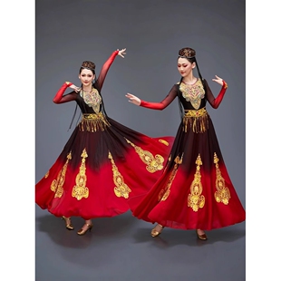 2026新款新疆维吾尔族舞蹈服装刺绣维族练习裙广场演出表演大