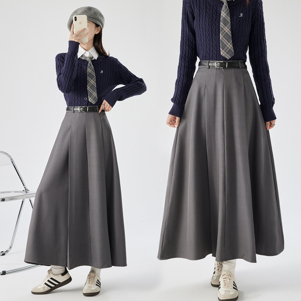 半身裙女秋冬季新款百褶裙高腰显瘦感中长裙优雅气质西装裙子