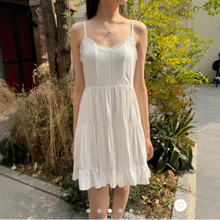 BM风 白色蝴蝶结吊带连衣裙蓬蓬裙小个子bm百搭清纯白月光小白裙