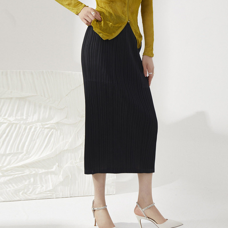 褶皱半身裙开叉洋气夏季新款高腰显瘦三宅长款直筒包臀半裙百搭