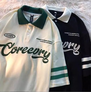 美式复古印花polo领T恤衫原宿风半袖2023新款情侣装短袖男女上衣