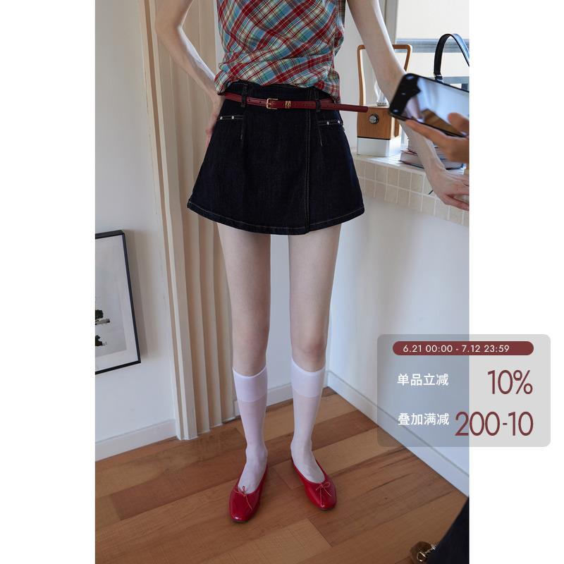 EGGKA拼接假两件A字牛仔裙裤女夏季高腰气质显瘦通勤休闲百搭短裙