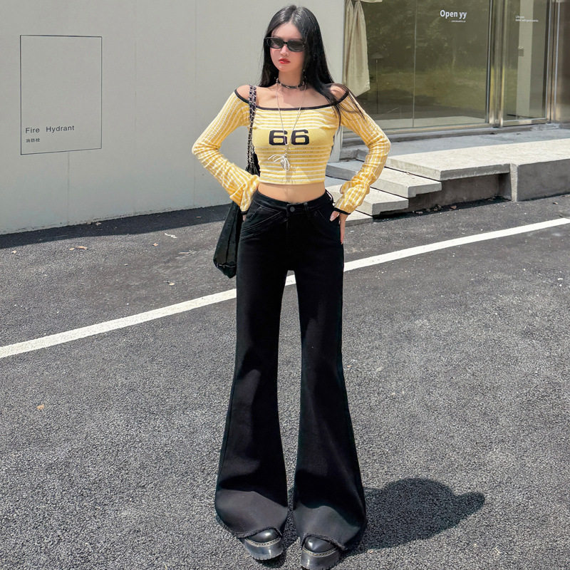 美式黑色微喇叭牛仔裤女年秋季新款高腰修身显瘦设计感马蹄裤