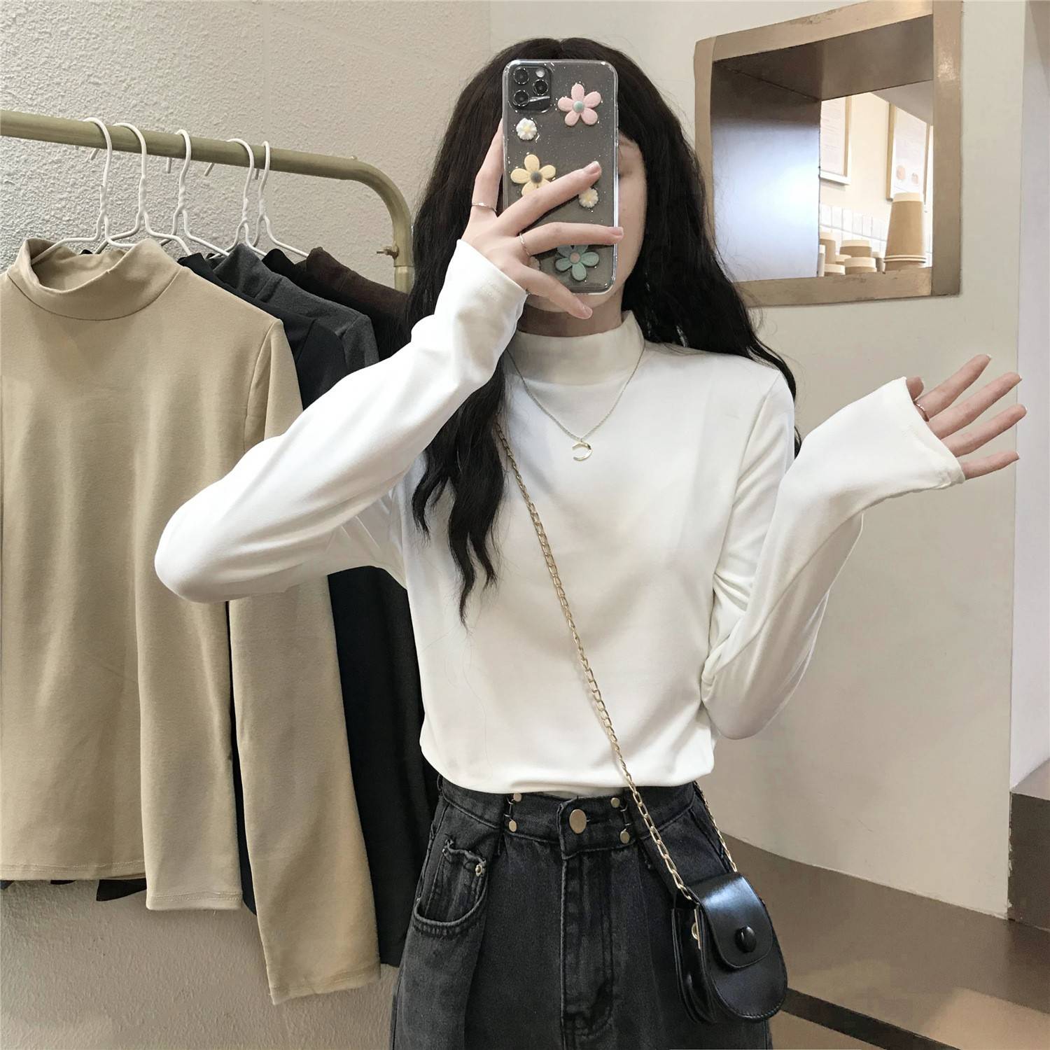 德绒半高领打底衫女秋季2025新品内搭白色长袖T恤女别致学生上衣