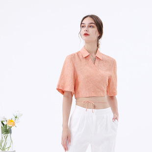 2026年夏季新款一片式上衣女百搭短袖衬衫领性感系带露脐装衬衫