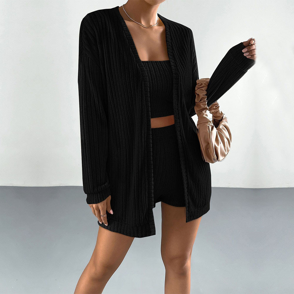 亚马逊跨境女装休闲性感时尚套装秋冬修身外套抹胸上衣短裤三件套