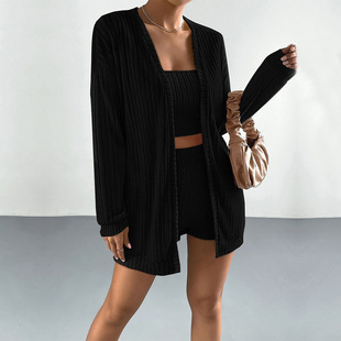 亚马逊跨境女装休闲性感时尚套装秋冬修身外套抹胸上衣短裤三件套