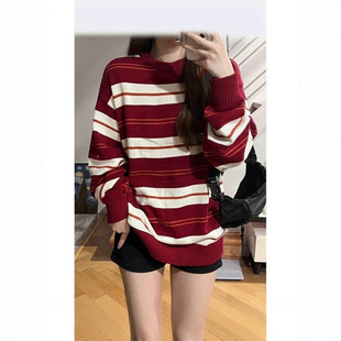 韩系红色条纹长袖圆领套头毛衣女落肩上衣秋冬新款宽松慵懒风厚