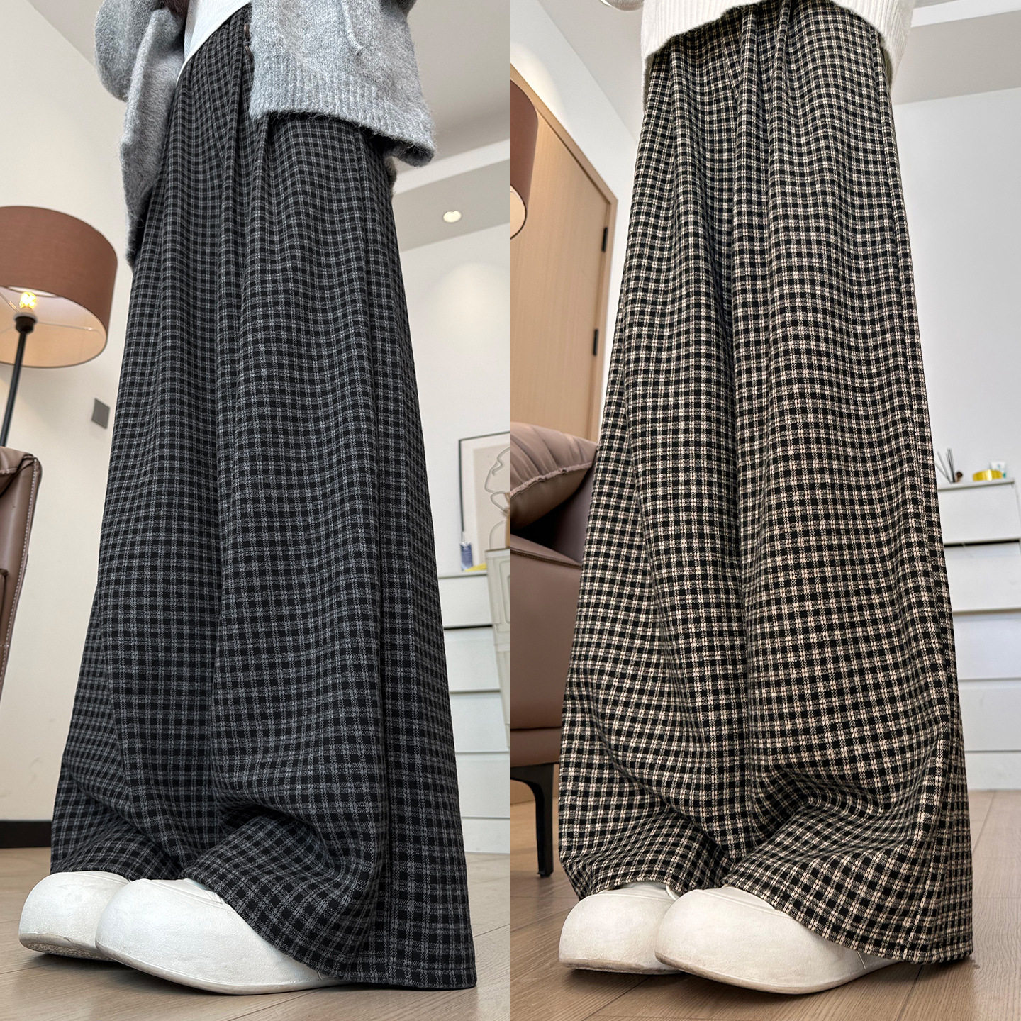 黑色格子裤子女秋冬新款宽松垂感休闲慵懒风小个子直筒阔腿裤