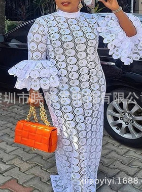 亚马逊跨境欧美气质通勤大码装女装水溶花边喇叭袖连衣裙晚礼