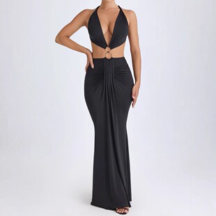 2024跨境新款时尚女装 亚马逊秋季性感镂空系带露背深v连衣裙