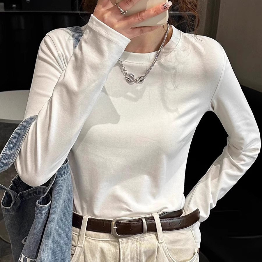 圆领白色内搭长袖打底衫正肩t恤女春秋宽松纯棉百搭体恤上衣