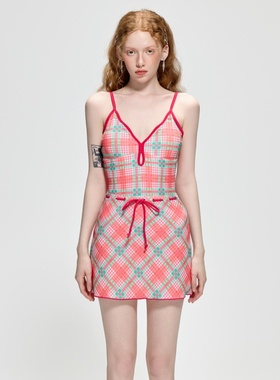 粉色格子娜扎同款泳衣性感露背比基尼小胸聚拢遮肚显瘦连体泳装女