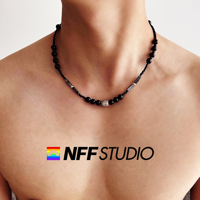 NFF国潮新中式黑色串珠拼接百搭项链男复古高级感嘻哈锁骨链配饰