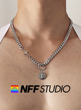 NFF嘻哈圆牌星芒古巴链男高级感小众设计欧美潮复古项链百搭痞帅