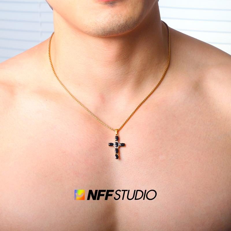 NFF十字架黑宝石项链男钛钢镀18k金嘻哈锁骨链颈链潮牌痞帅配饰