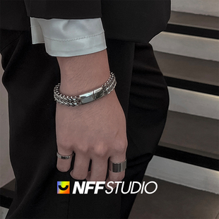NFF欧美不掉色古巴链钛钢手链男ins潮嘻哈磁吸扣冷淡风抛光手饰
