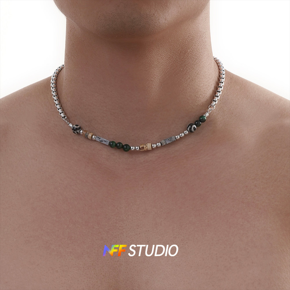 NFF新中式国风天然石串珠项链钛钢男款小众设计短链高级感锁骨链