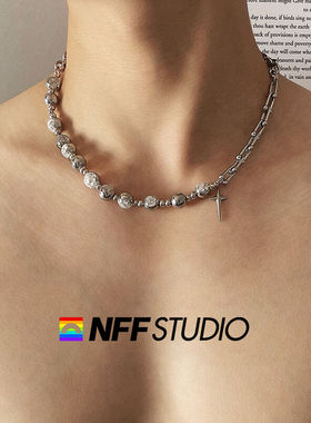 NFF星芒白耀冰裂玉珠钛钢拼接项链男高级感轻奢小众嘻哈潮锁骨链